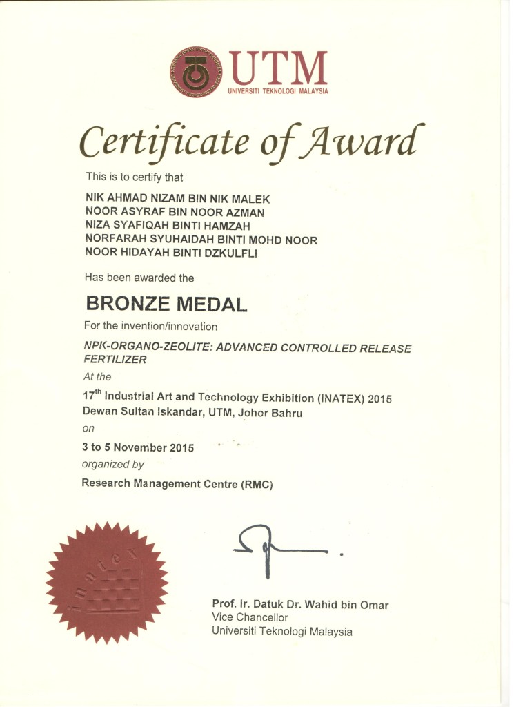 Certificate Bronze INATEX NPK-organo-zeo