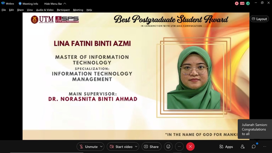 Congratulations Lina Fatini & all MIT Graduands for Best PG Students Awards of UTM 64th Convocation 2021