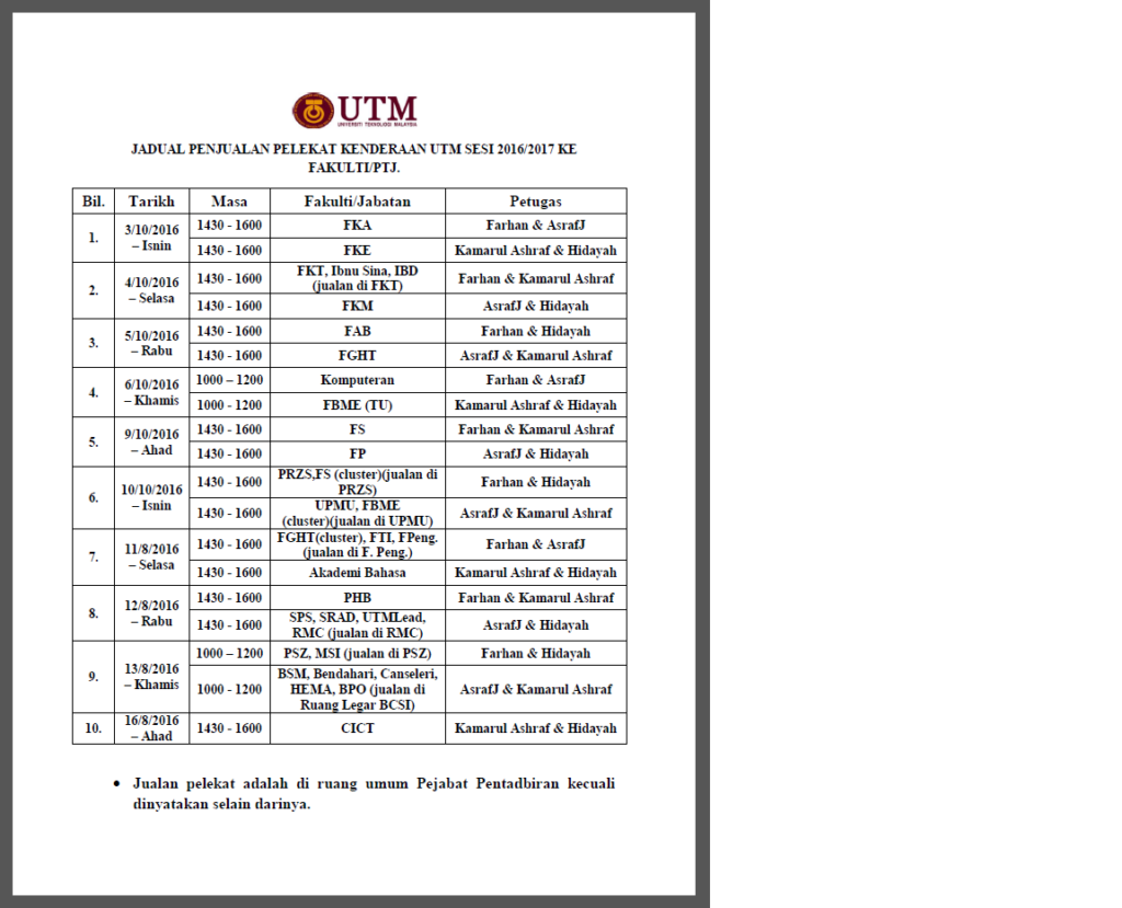 jadual pelekat UTM 2016