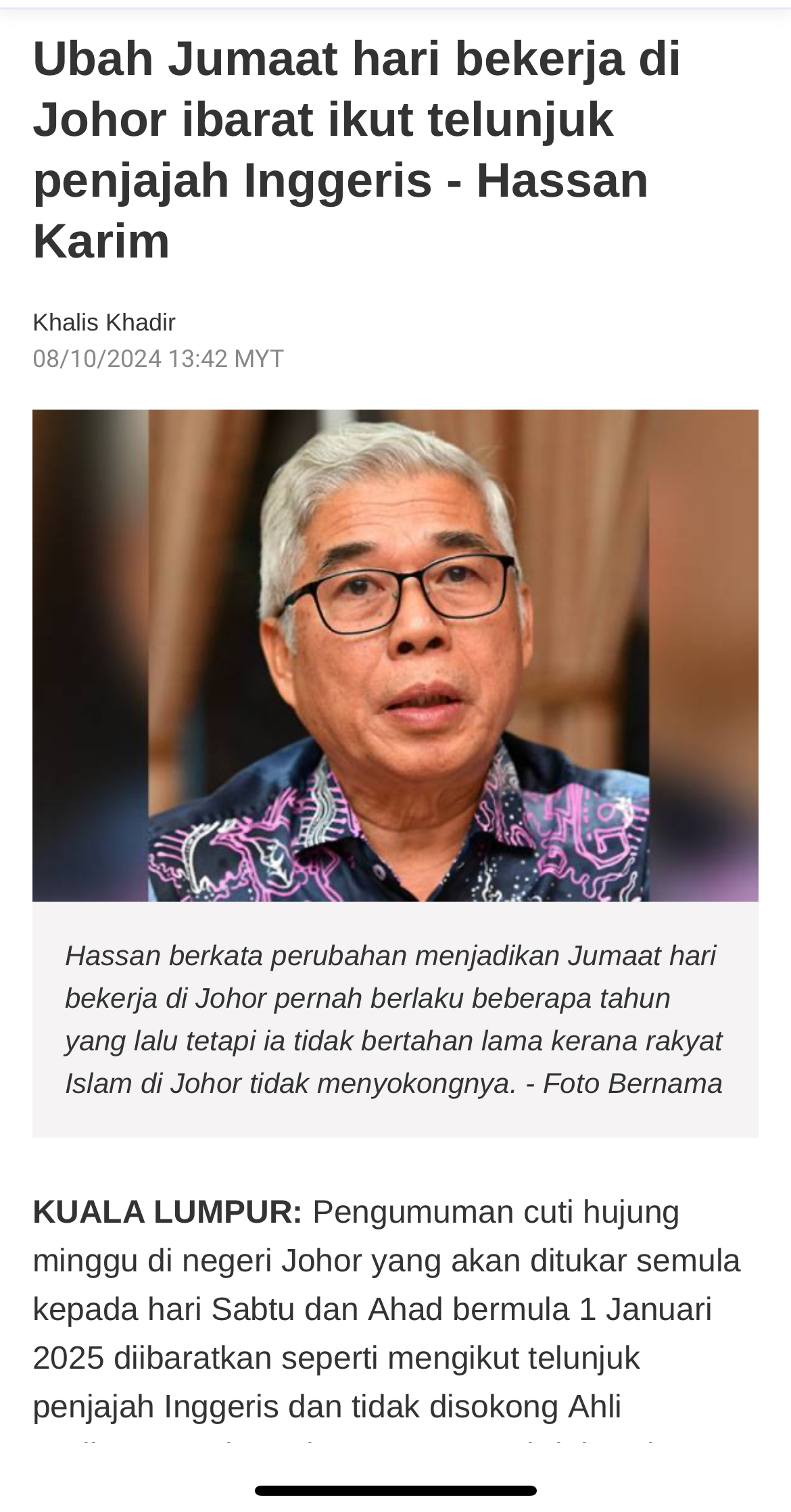 Pertukaran Cuti Hujung Minggu di Johor