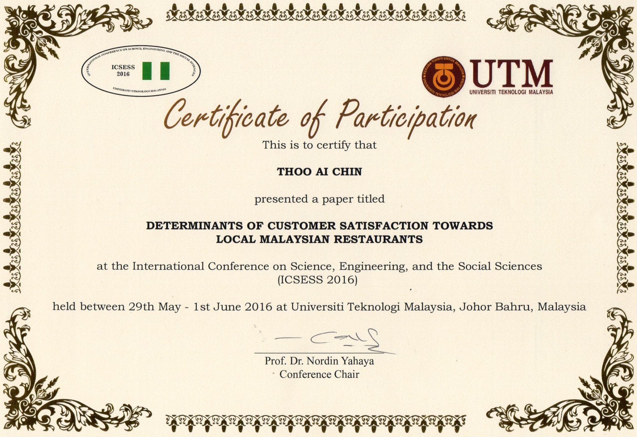 ICSESS Conference 2016 – My Certificate of Participation | Dr. Thoo Ai Chin