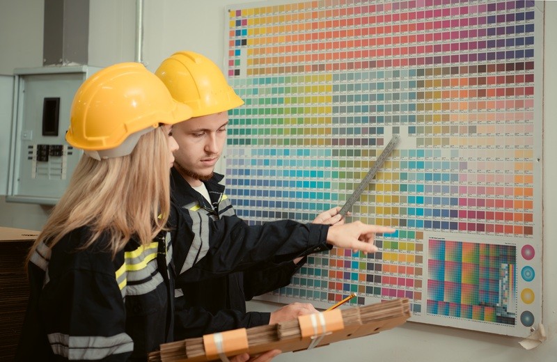 Warehouse workers in uniform and hardhats working in a paper factory